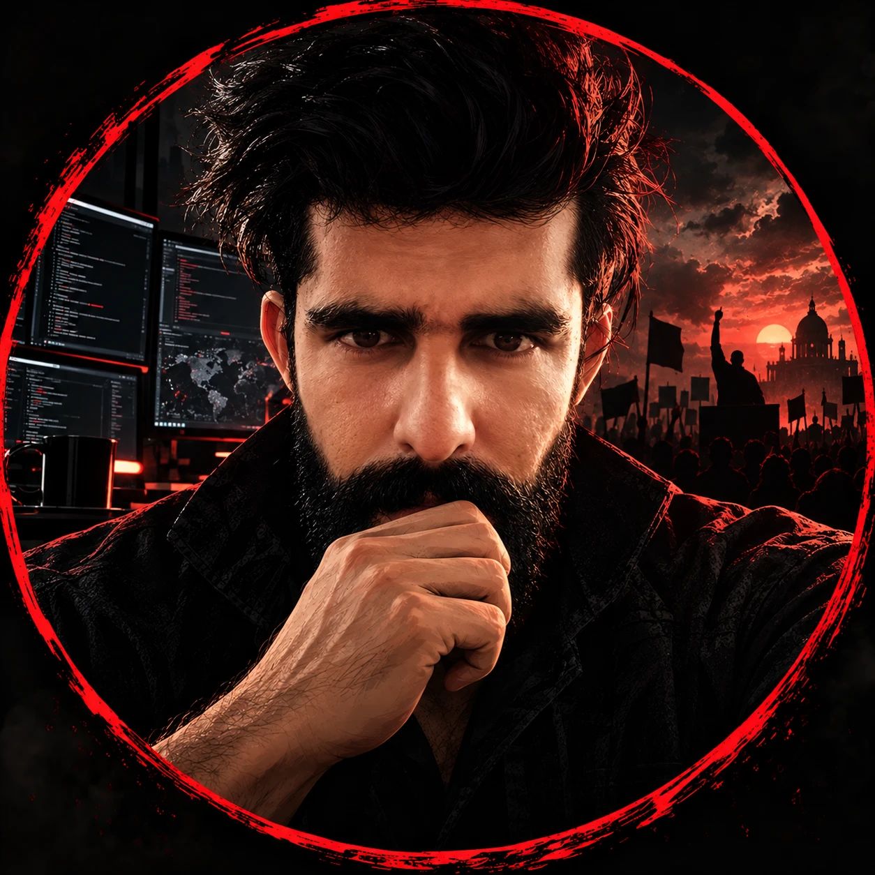 Portrait of the developer behind Project Rabbit: a bearded man, chin on hand, framed by a red ring, with code on screens behind him.