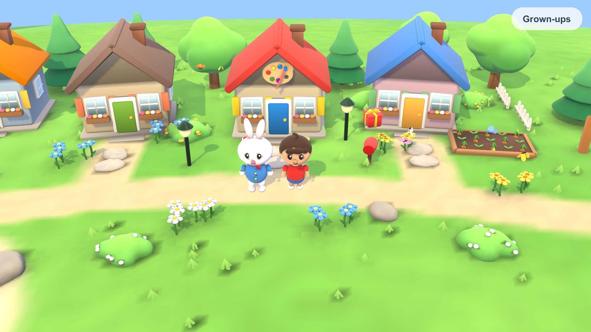 Red and Rabbit in the toy village, with colourful houses, trees and a garden path.