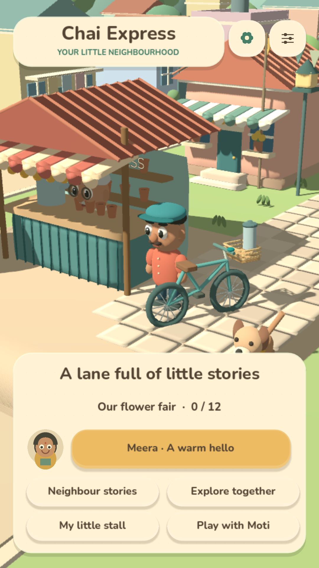 Home screen: the courier and his bicycle beside the chai stall on Marigold Lane, with buttons for neighbour stories, exploring and the stall.
