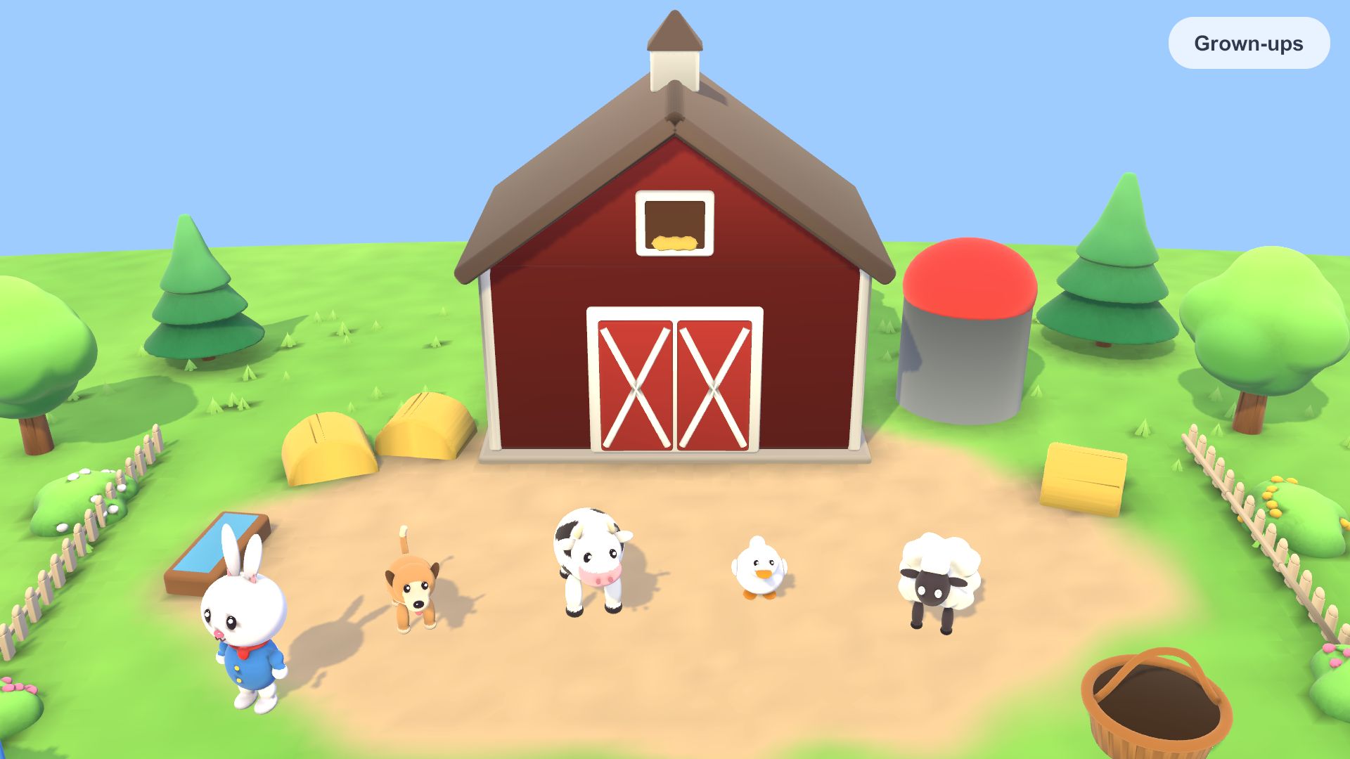 The Farm: a cow, a chick, a sheep and a puppy in front of the red barn.