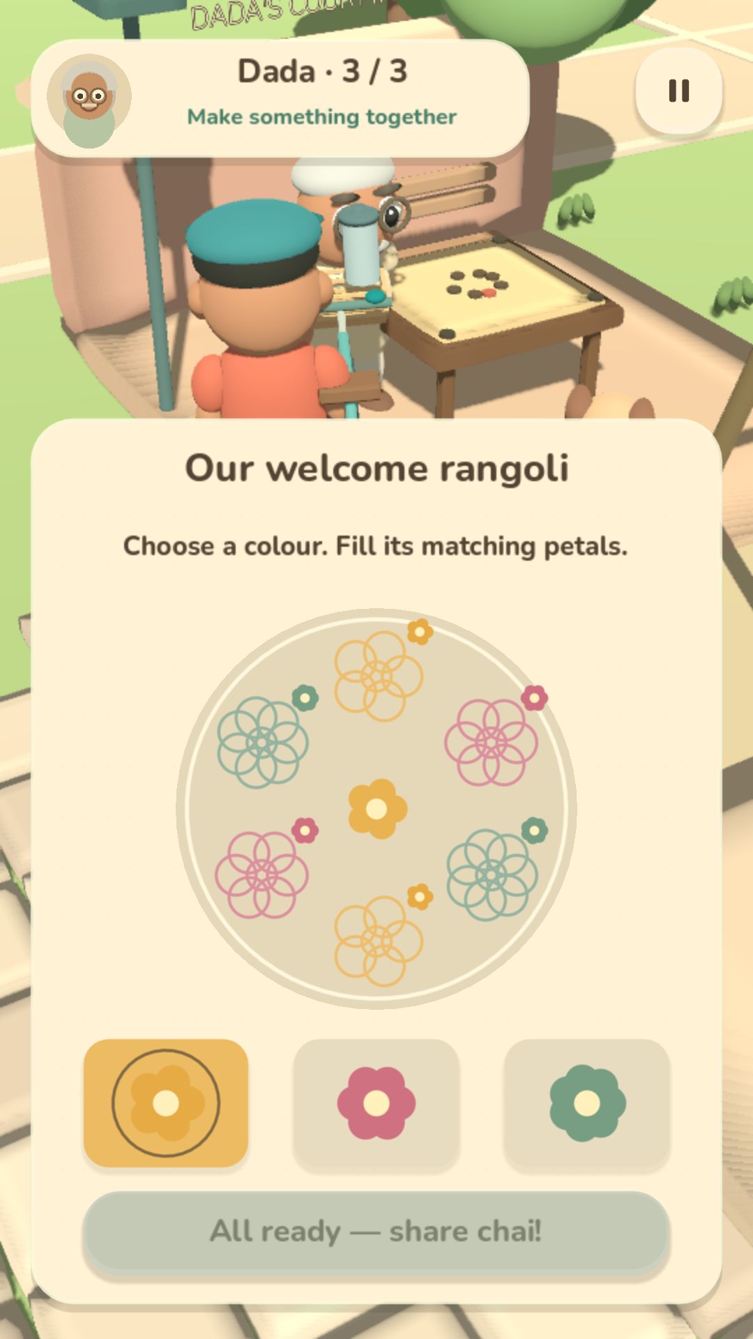 Our welcome rangoli: choose a colour and fill its matching petals.