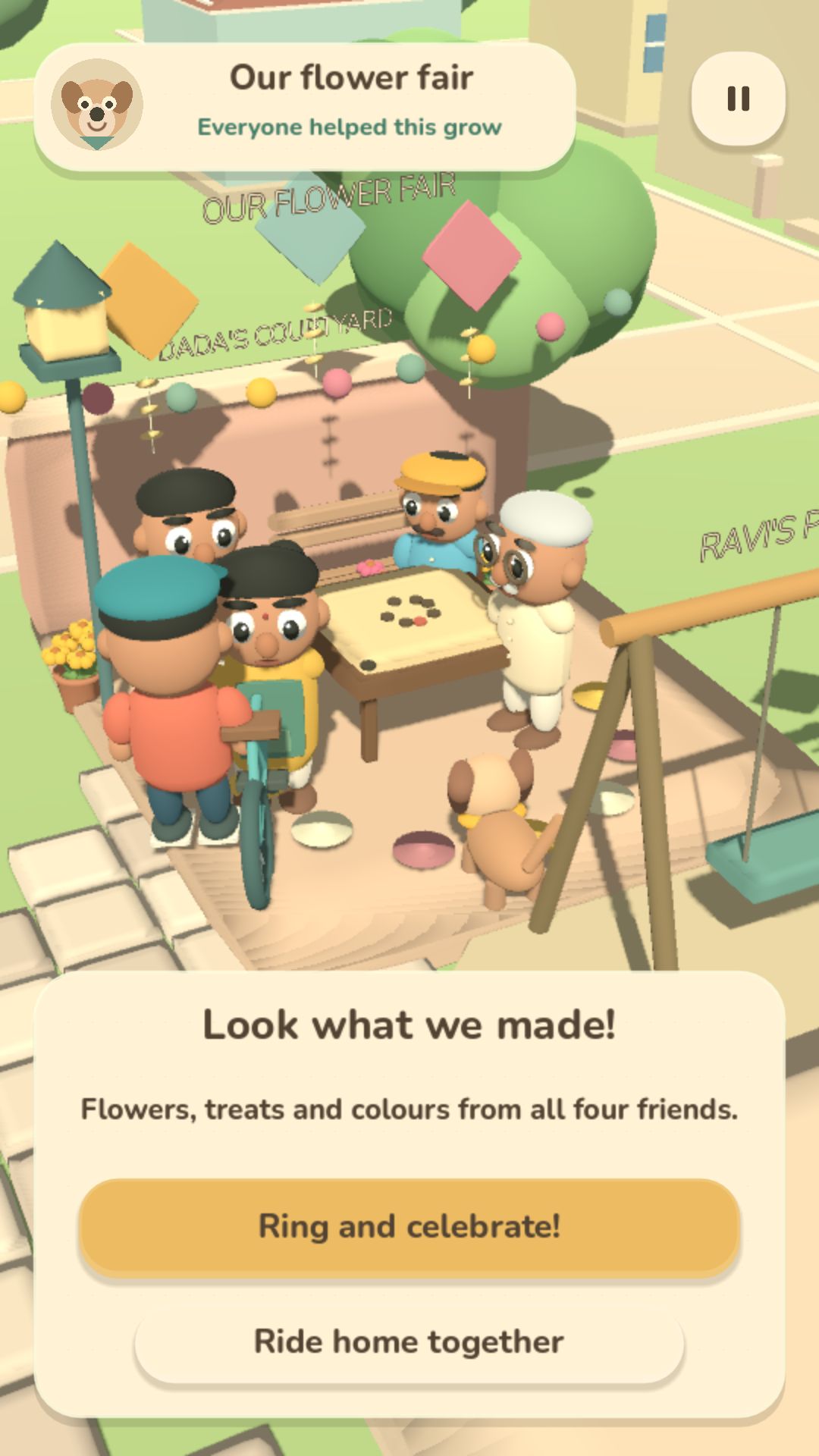 The flower fair: the neighbours celebrate together around the decorated stall.