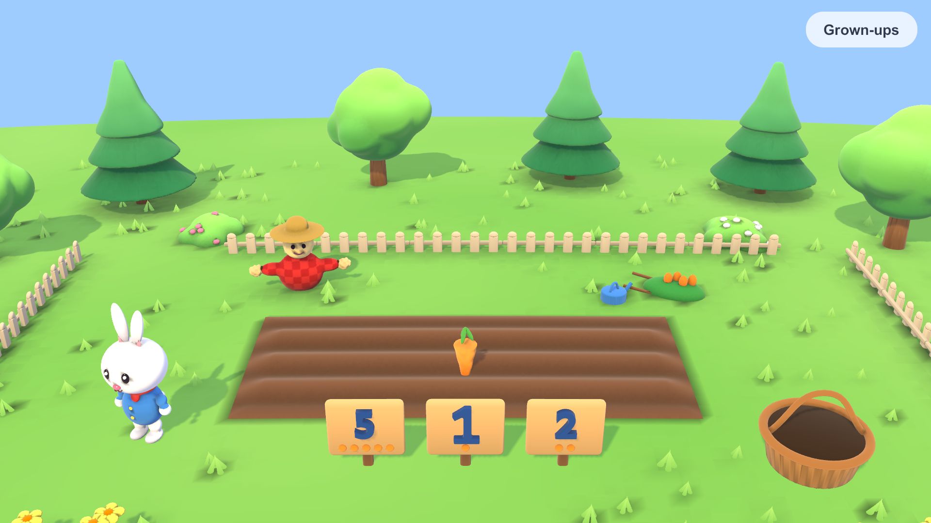 The Carrot Patch: Rabbit counting carrots, with number signs to choose from.